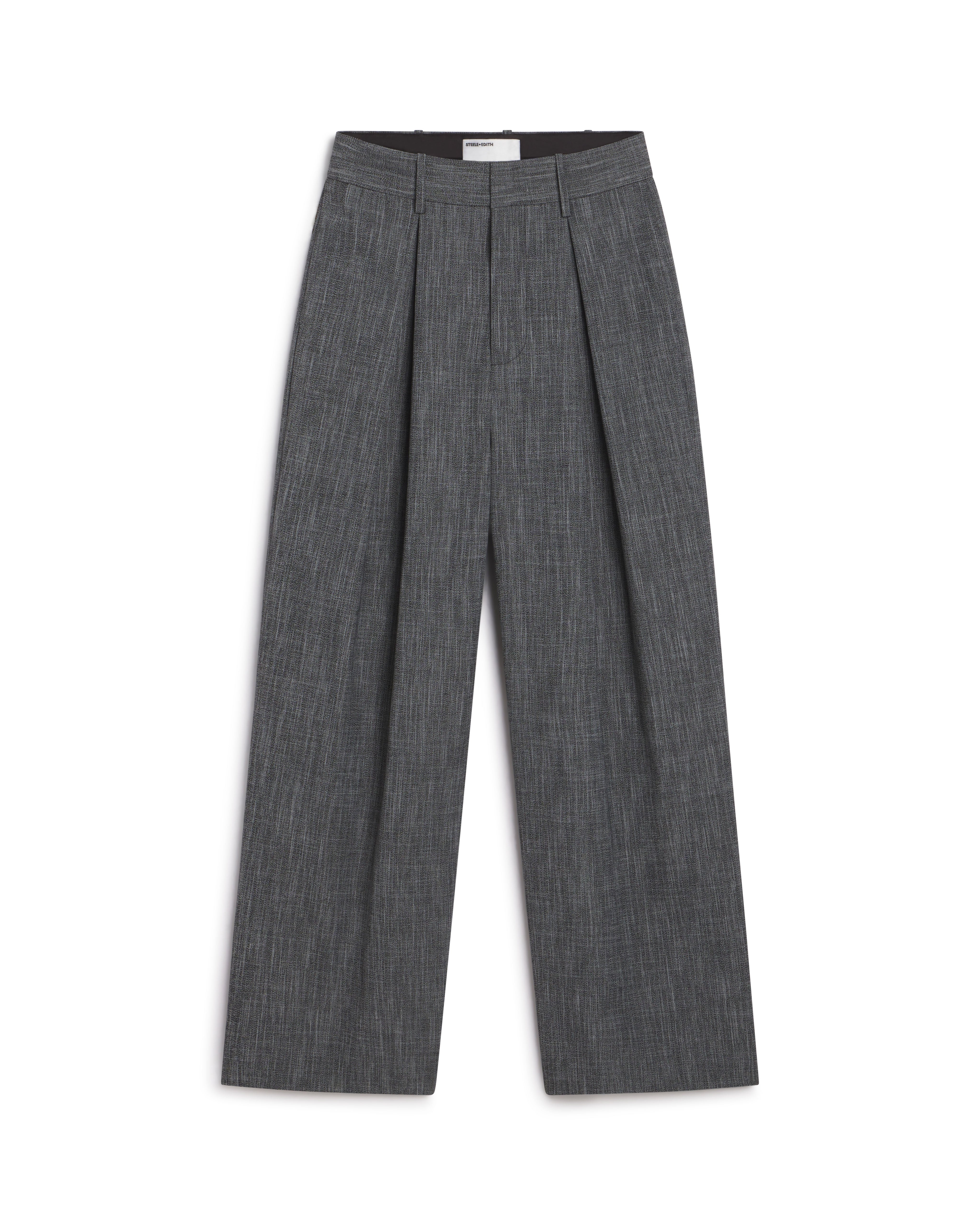 Black Melange Wool Suiting Wide Trousers - Steele + Edith